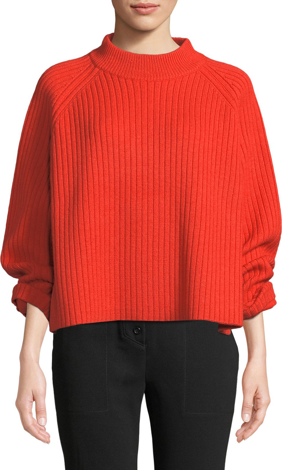 Proenza Schouler Mock-Neck Raglan Sleeve Ribbed Wool-Blend Sweater w/ Side Slit