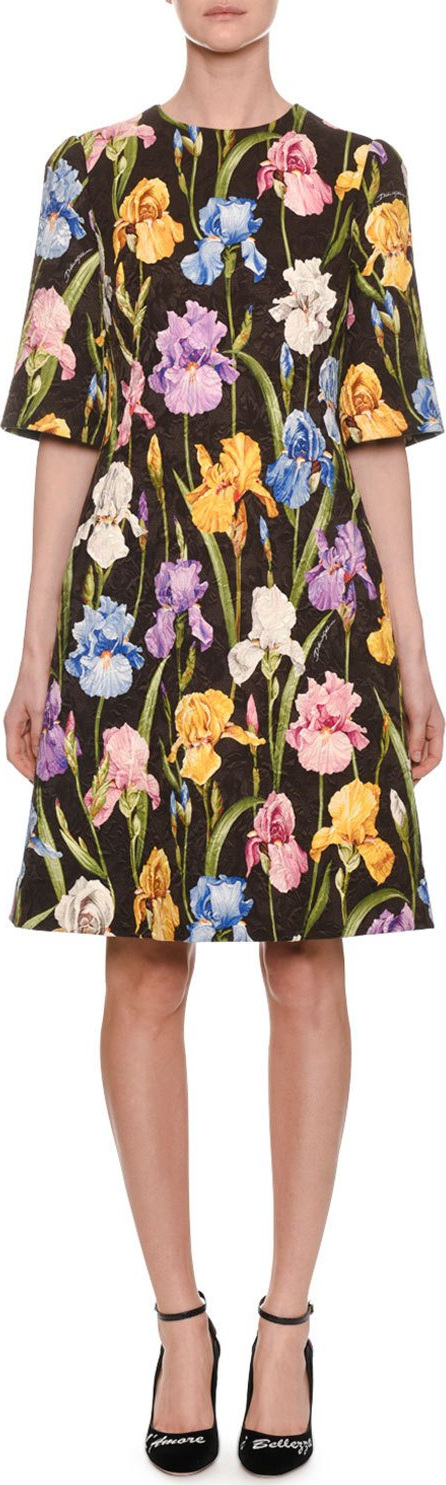 Dolce & Gabbana Elbow-Sleeve Iris-Print A-Line Brocade Dress