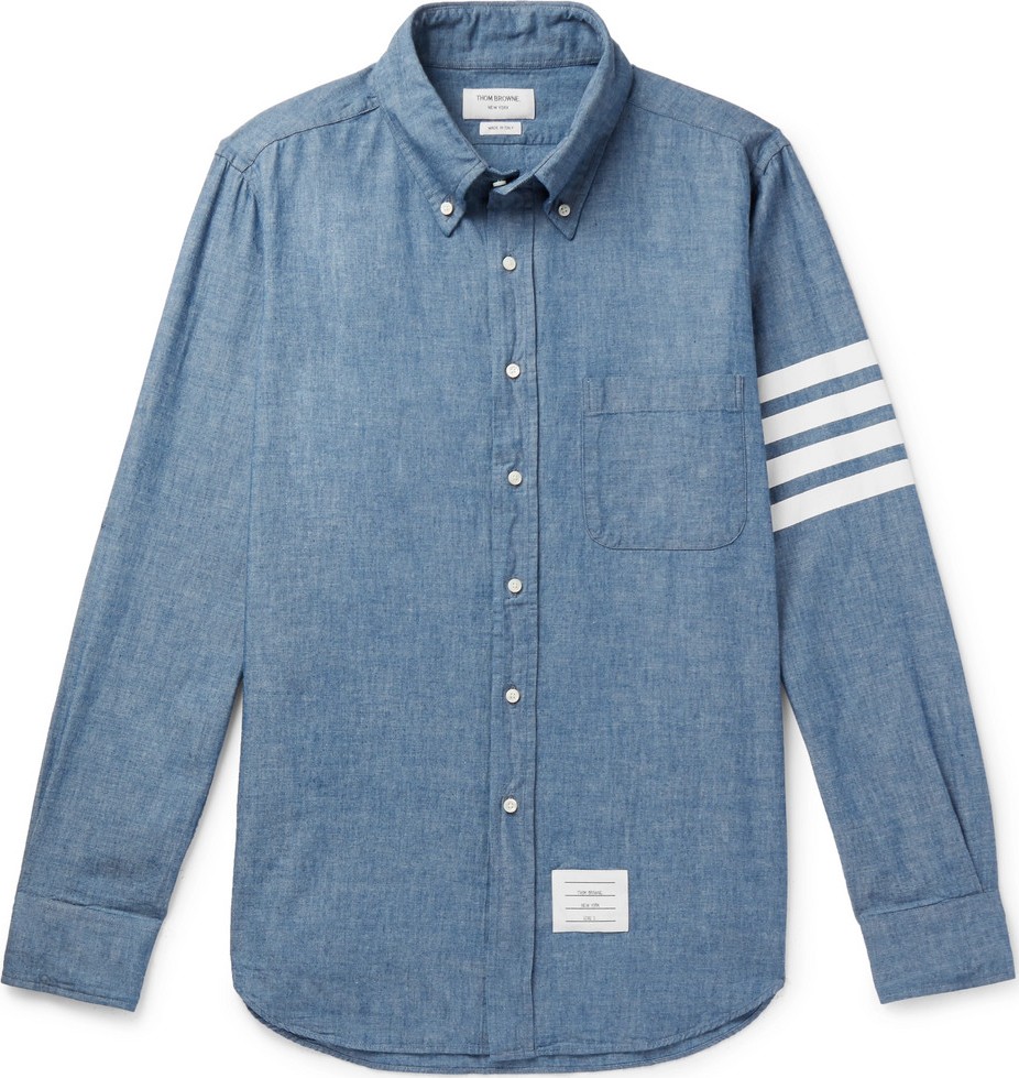 Thom Browne Button-Down Collar Striped Cotton-Chambray Shirt