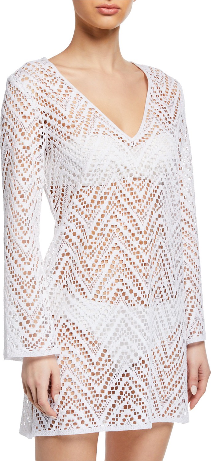MILLY Mykonos Crochet Long-Sleeve Coverup Tunic