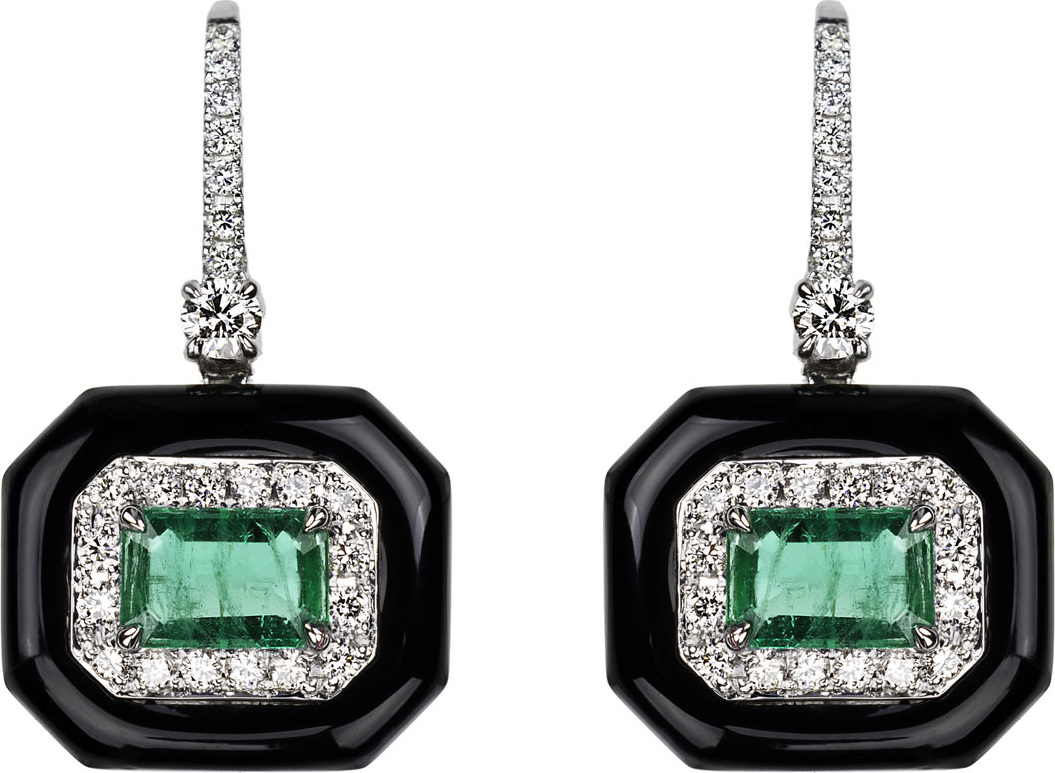 Nikos Koulis 18k White Gold Oui Diamond Pave & Emerald Earrings