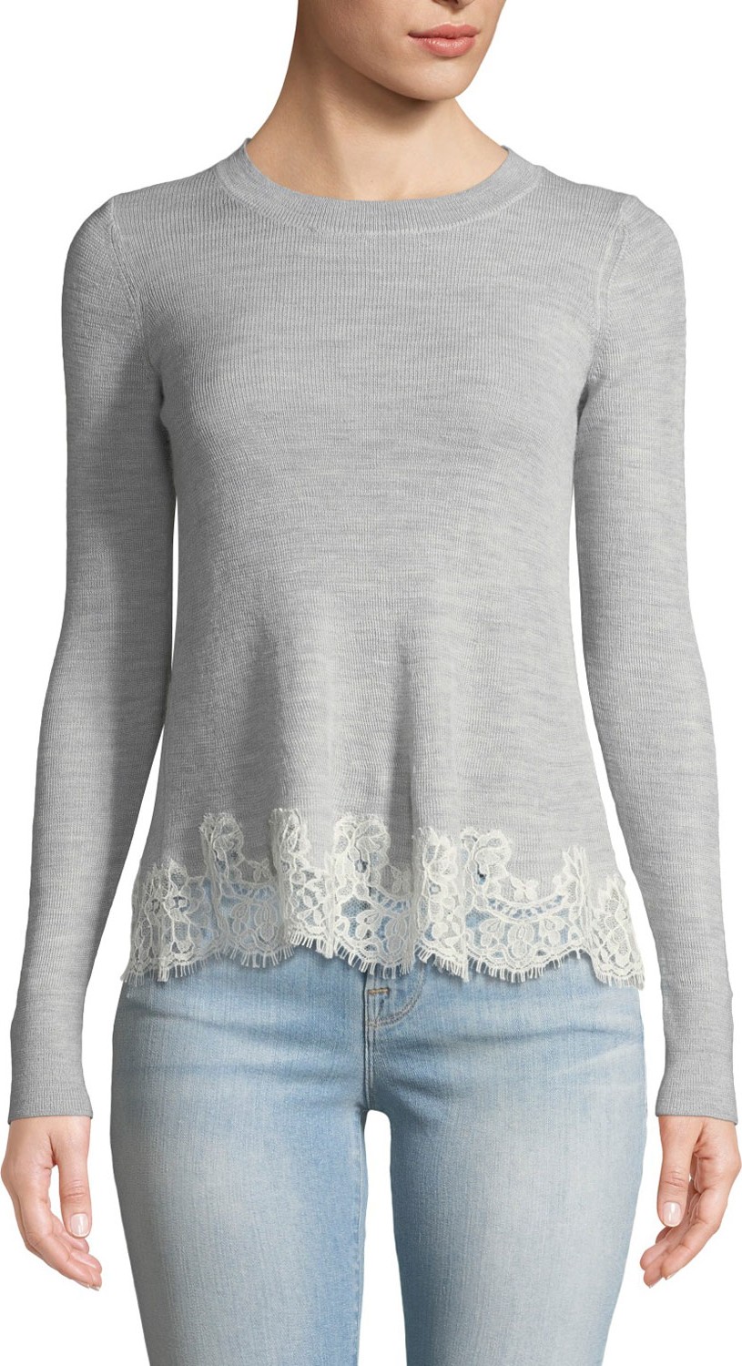 Rebecca Taylor Long-Sleeve Lace Combo Pullover Sweater