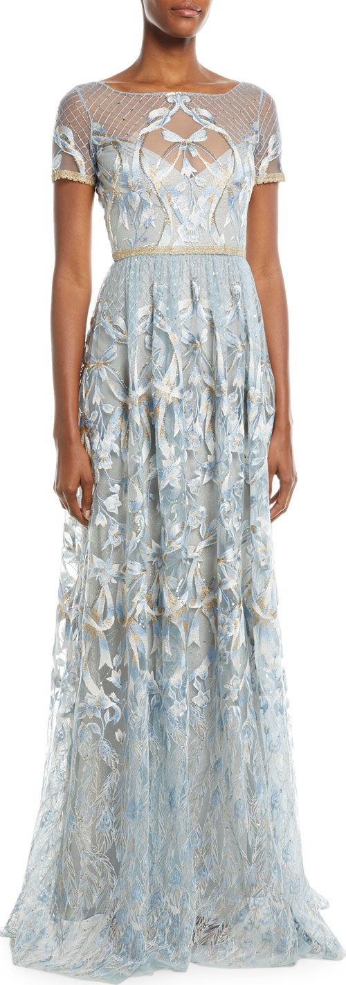 Marchesa Notte Embroidered Gown w/ Metallic Lace Trim