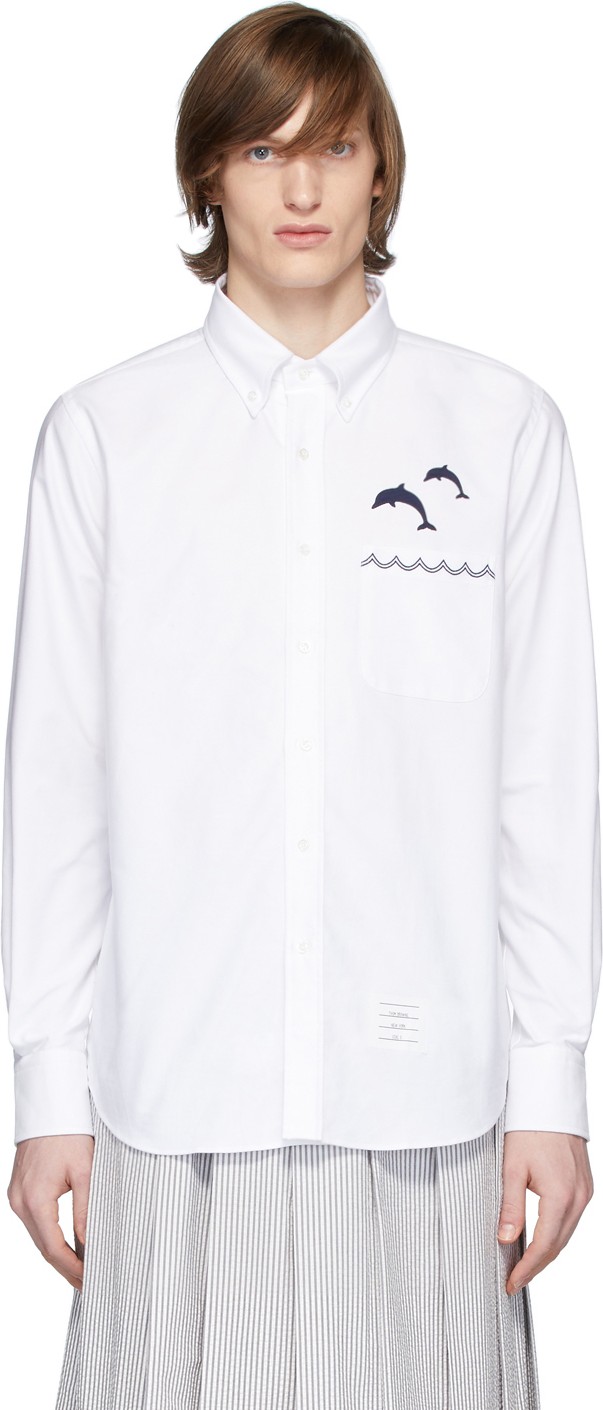 Thom Browne White Oxford Jumping Dolphins Straight Fit Shirt