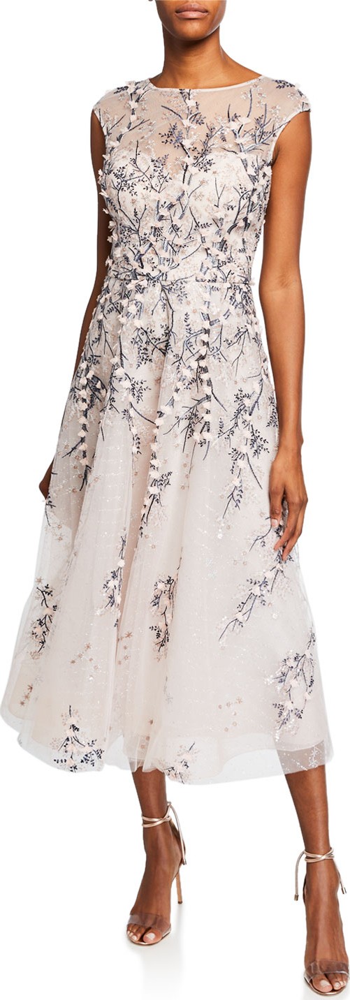 Rickie Freeman for Teri Jon Bateau-Neck Cap-Sleeve 3D Floral Embroidered Tulle Dress