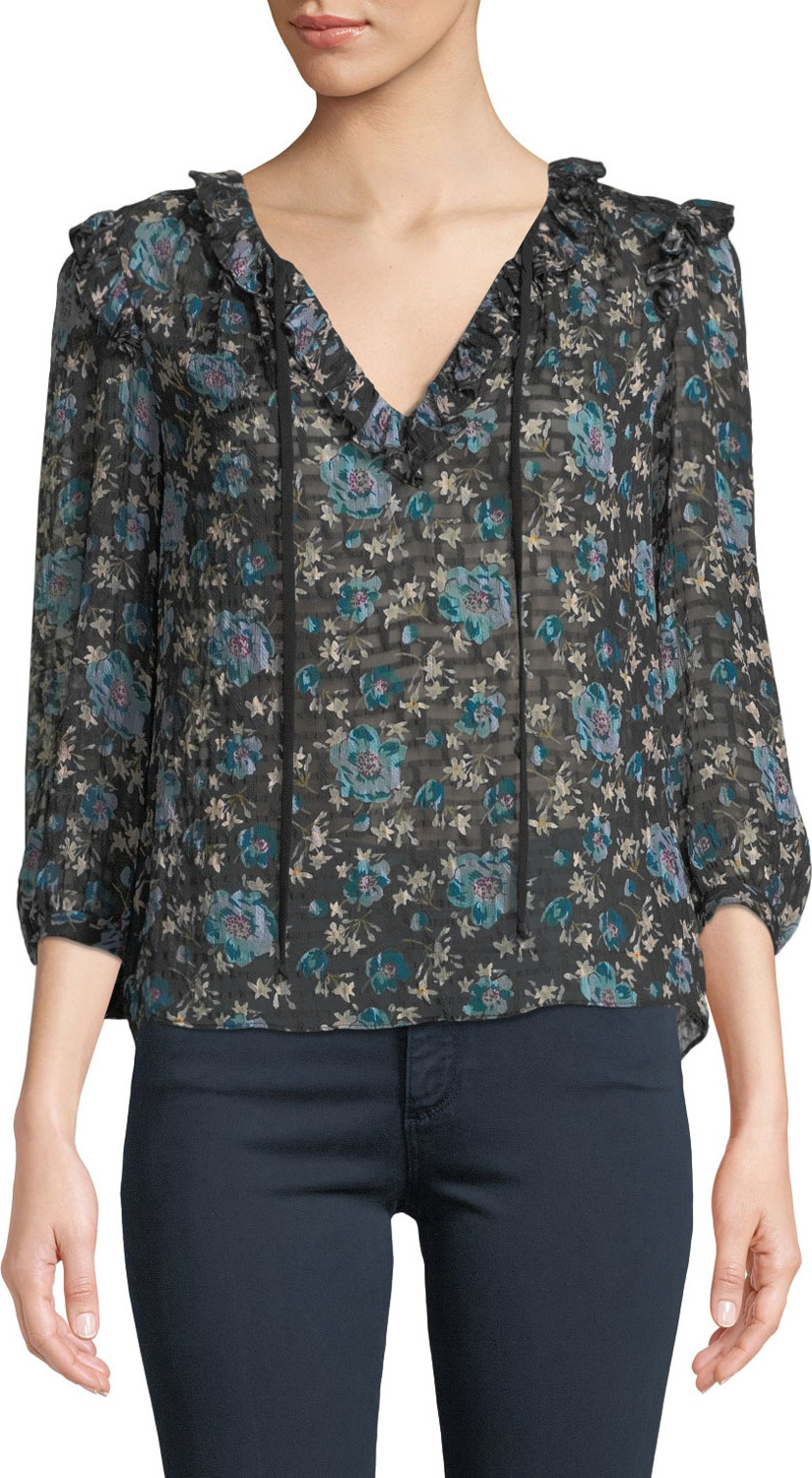 Rebecca Taylor Solstice Floral Ruffle 3/4-Sleeve Top