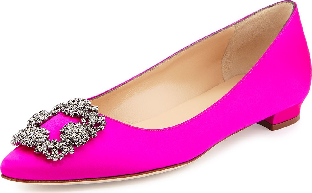 Manolo Blahnik Hangisi Crystal-Buckle Satin Flats