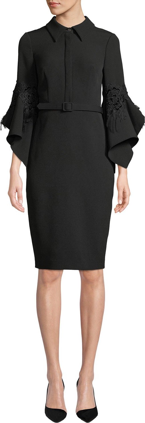 Badgley Mischka Hanky Bell-Sleeve Shirt Cocktail Dress w/ Lace Trim