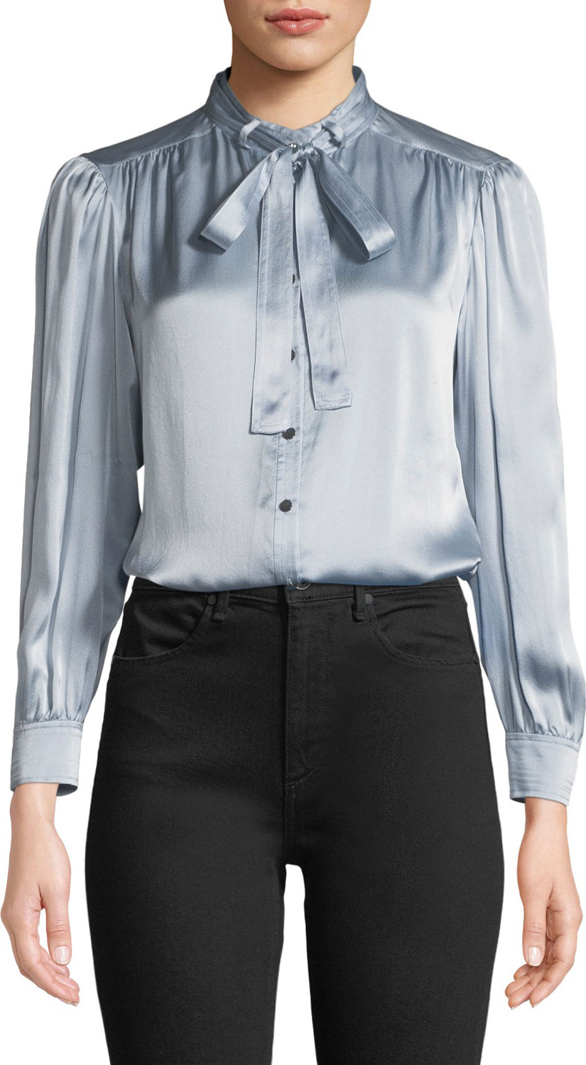 Rebecca Taylor Long-Sleeve Charmeuse Tie-Neck Top