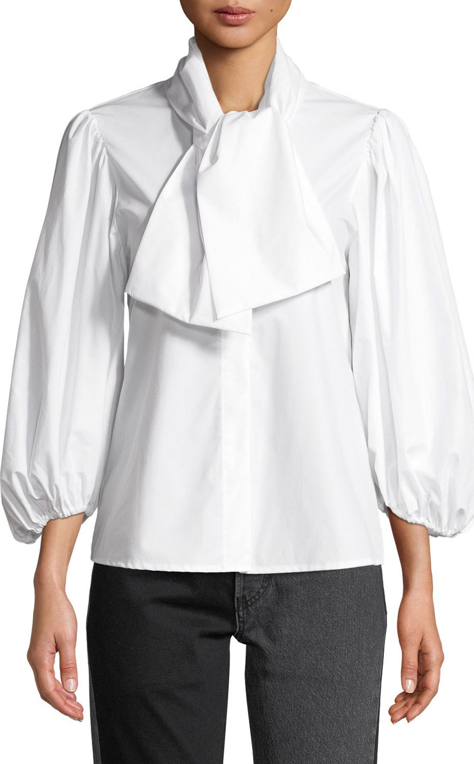 Isa Arfen Esther Tie-Neck Blouson-Sleeve Poplin Top