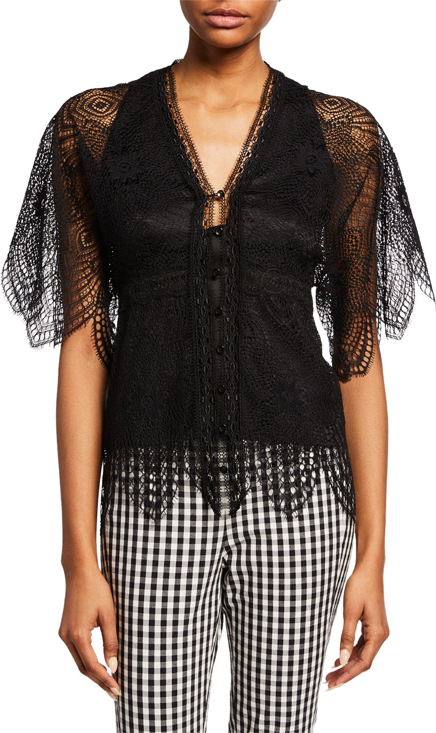 Elie Tahari Scheana Button-Front Short-Sleeve Scallop Lace Blouse