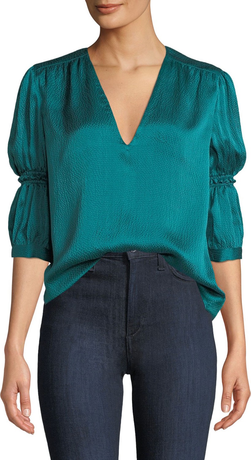 Rebecca Taylor Silk V-Neck Cinched-Sleeve Top