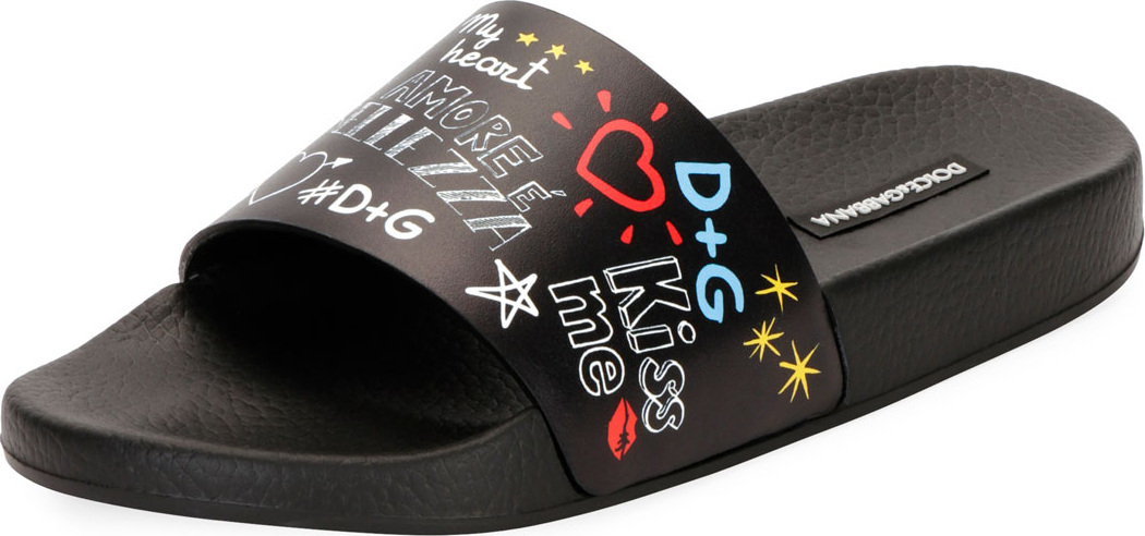 Dolce & Gabbana Graffiti-Print Leather Pool Slide Sandal
