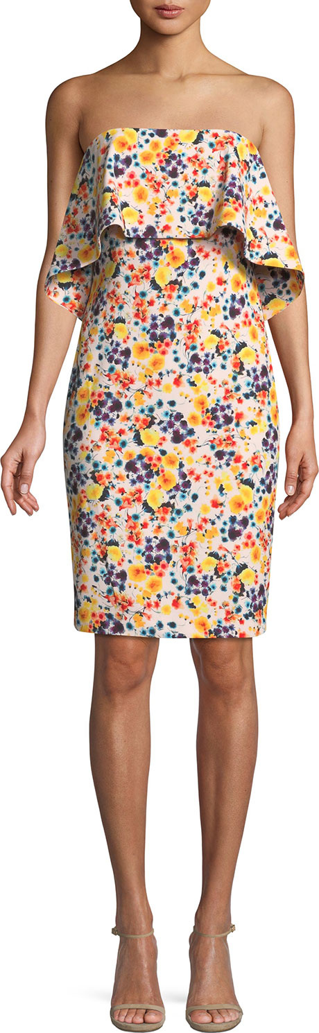 Badgley Mischka Strapless Ditsy-Print Popover Dress