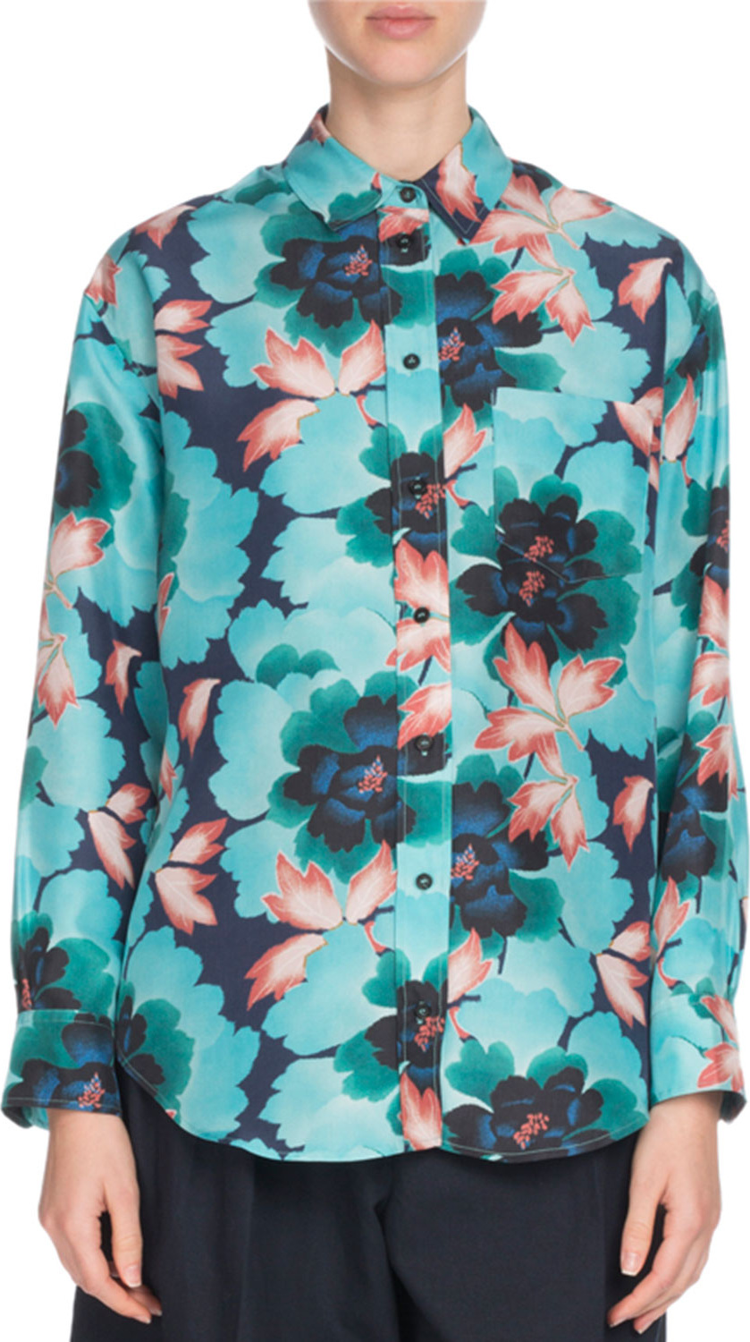 KENZO Floral Silk Button-Front Pocket Shirt