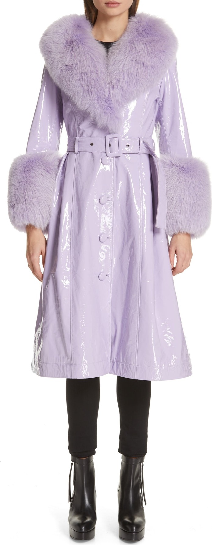 Saks Potts Patent Leather Coat with Genuine Fox Fur Trim