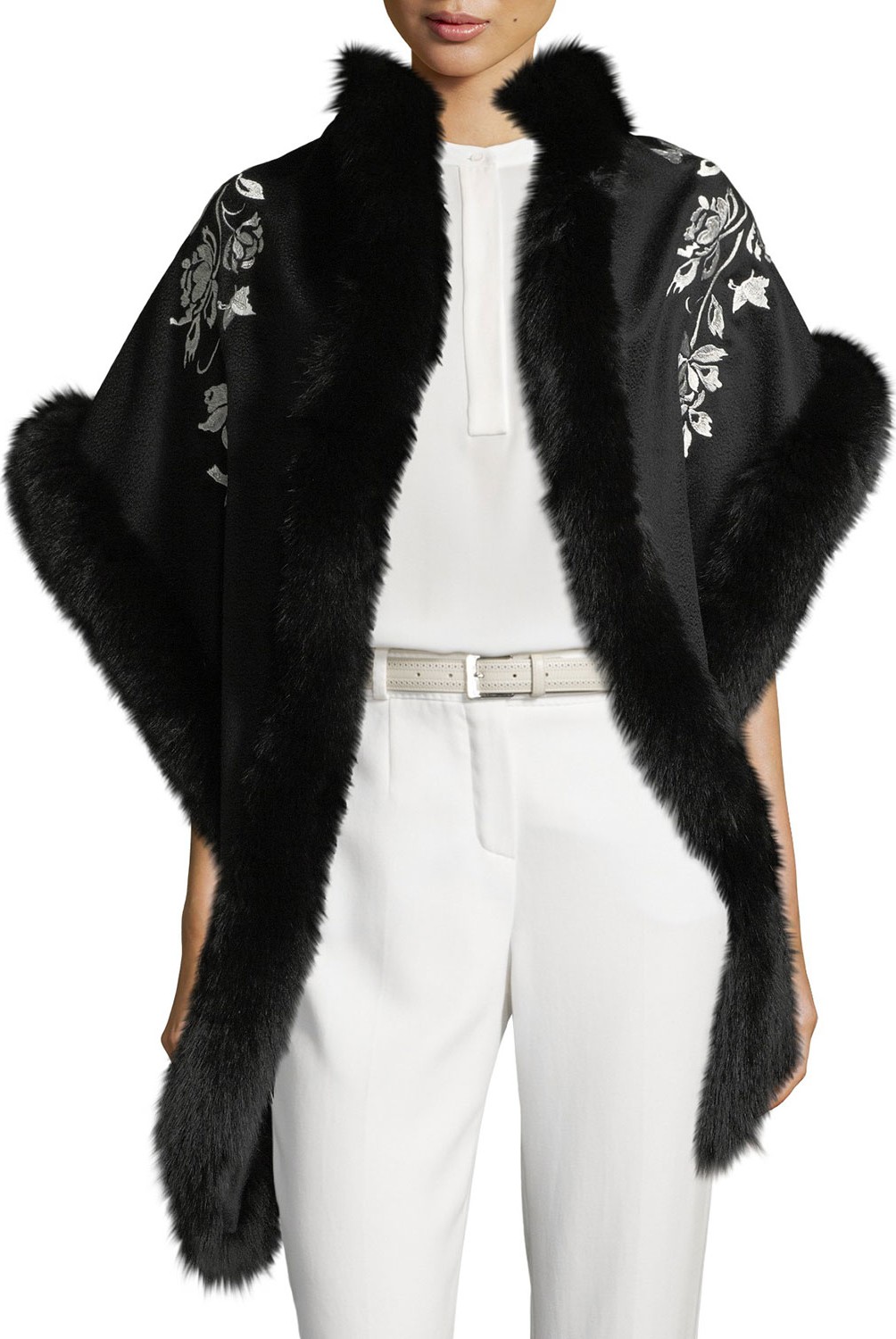 Sofia Cashmere Cashmere Floral Embroidered Shawl w/ Fur Trim