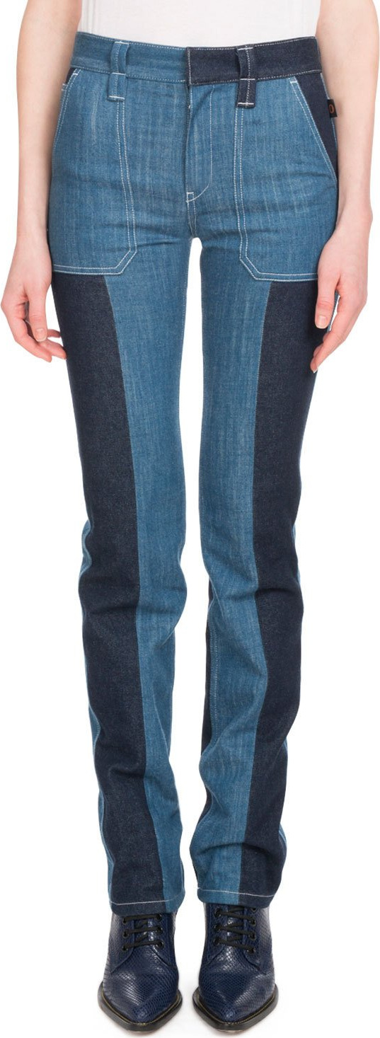 Chloe Zip-Front Patch-Pocket Straight-Leg Bicolor Jeans