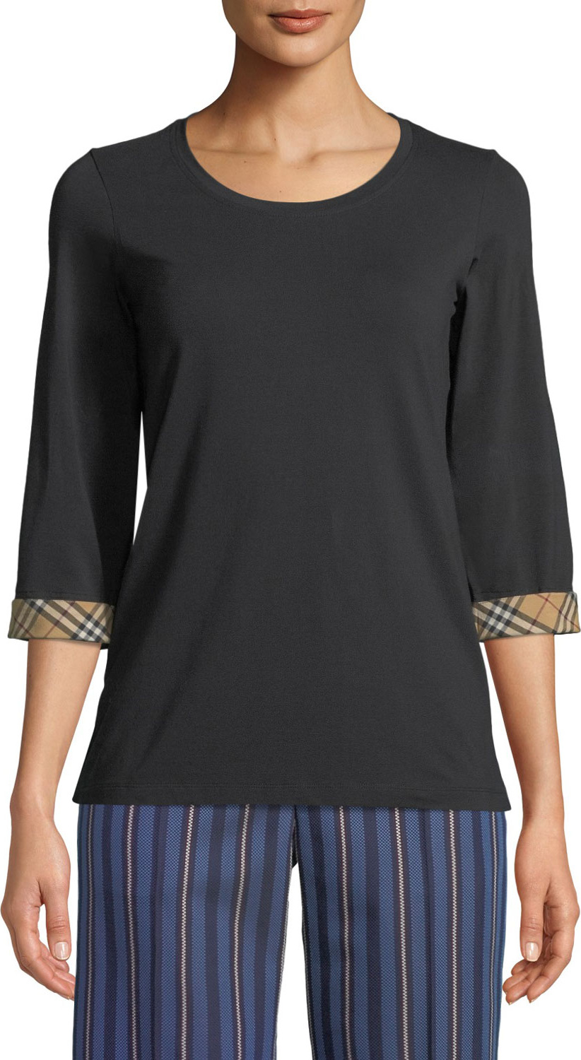 Burberry London England Check-Trim 3/4-Sleeve Top