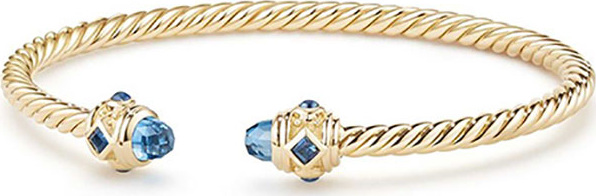 David Yurman 18k Gold Renaissance CableSpira Bangle Bracelet w/ Hampton Blue Topaz, Size M