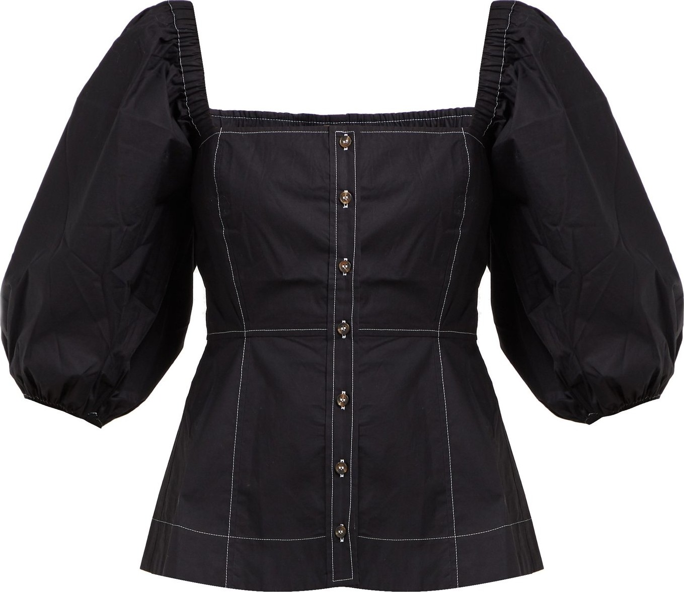 Ganni Square-neck balloon-sleeve cotton-poplin blouse