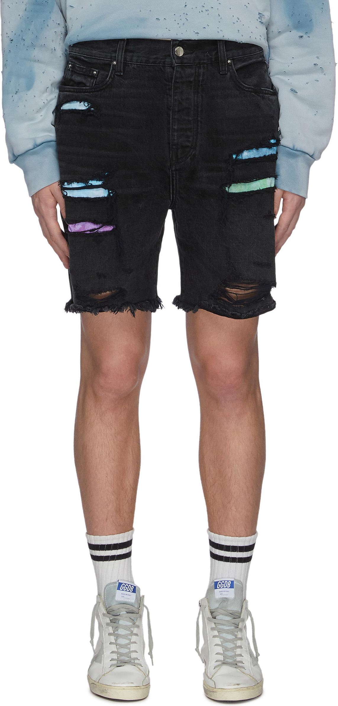 Amiri 'Thrasher' dark wash colour patch distressed denim shorts