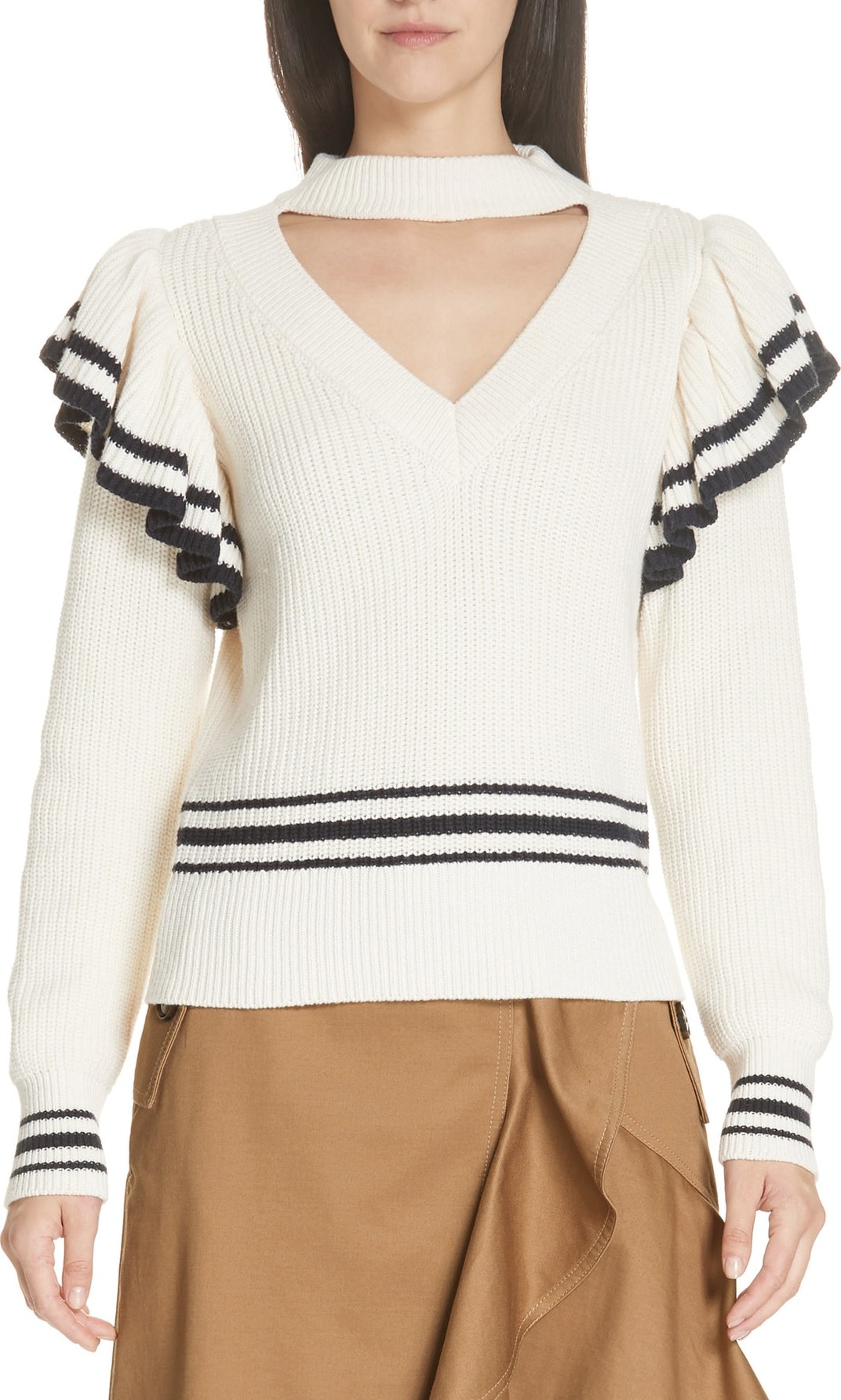 Self Portrait Stripe Ruffle Trim Sweater