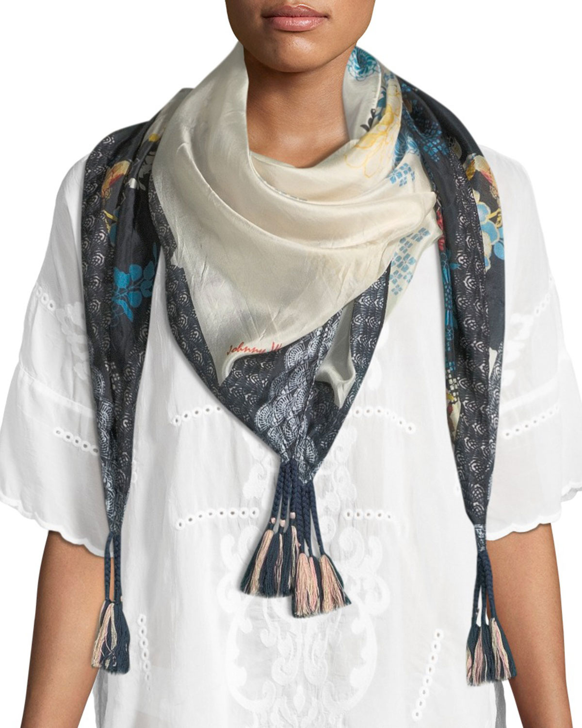 Johnny Was Vino Tasseled Floral-Print Silk Scarf