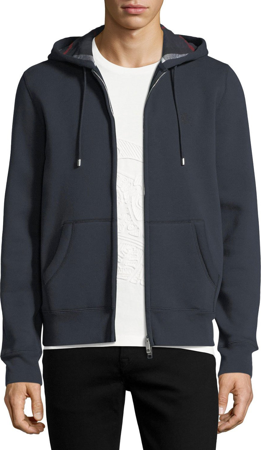 Burberry London England Claredon Jersey Hoodie w/Check Lining, Navy