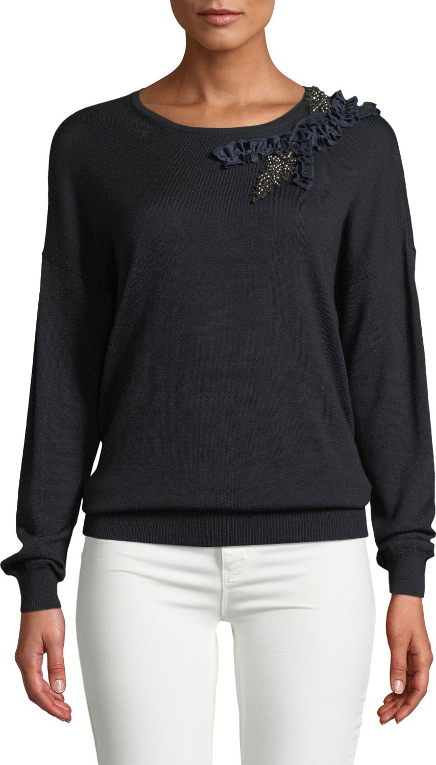 Elie Tahari Lael Embellished-Shoulder Sweater