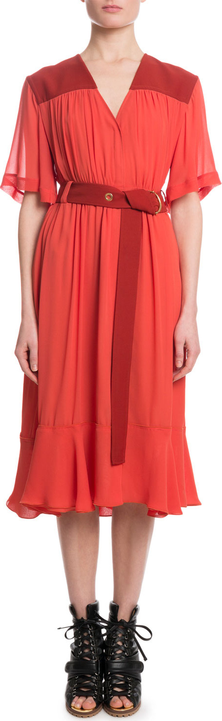 Chloe Short-Sleeve V-Neck Mousseline Mid-Calf Dress w/ Self Belt