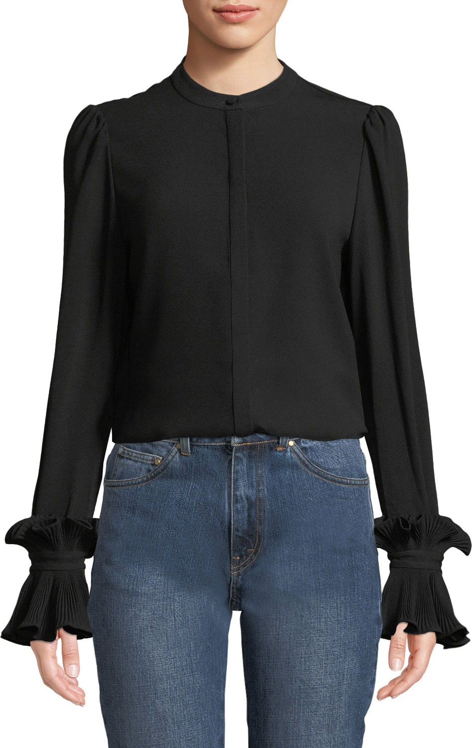 Co Button-Front Plisse Pleated Cuff Crepe Blouse