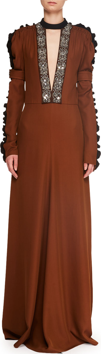 Chloe Ruffle Long-Sleeve Deep-V A-Line Evening Gown