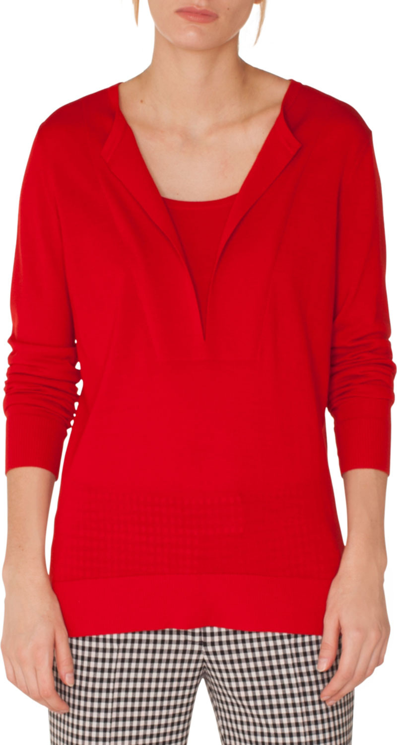 Akris Punto Long-Sleeve Split-Neck Wool Blouse