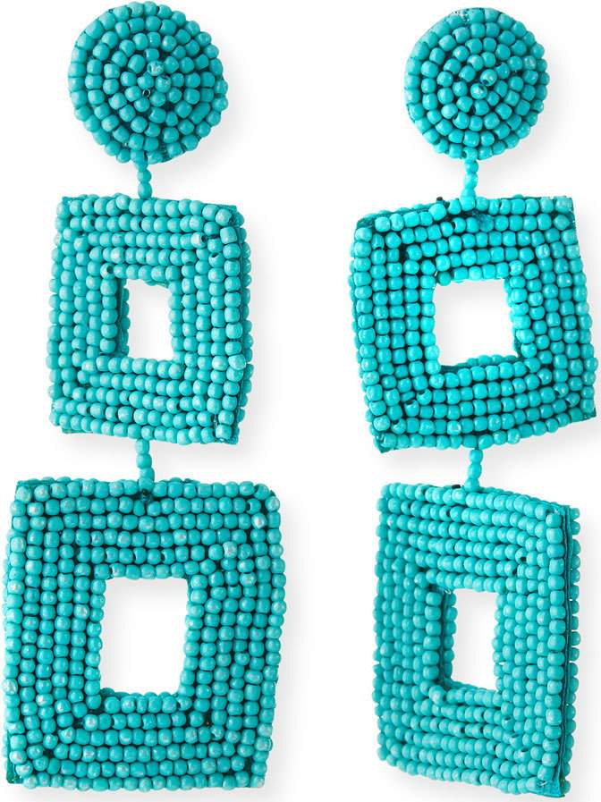 Kenneth Jay Lane Double Square Seed Bead Drop Earrings, Turquoise