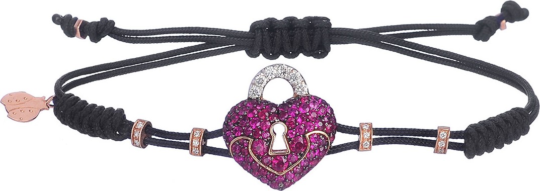 Pippo Perez 18k Diamond & Ruby Heart Lock Pull-Cord Bracelet