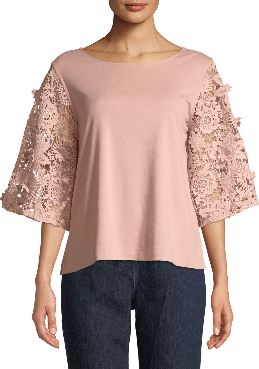 Joan Vass Bateau-Neck Lace-Sleeve Knit Top