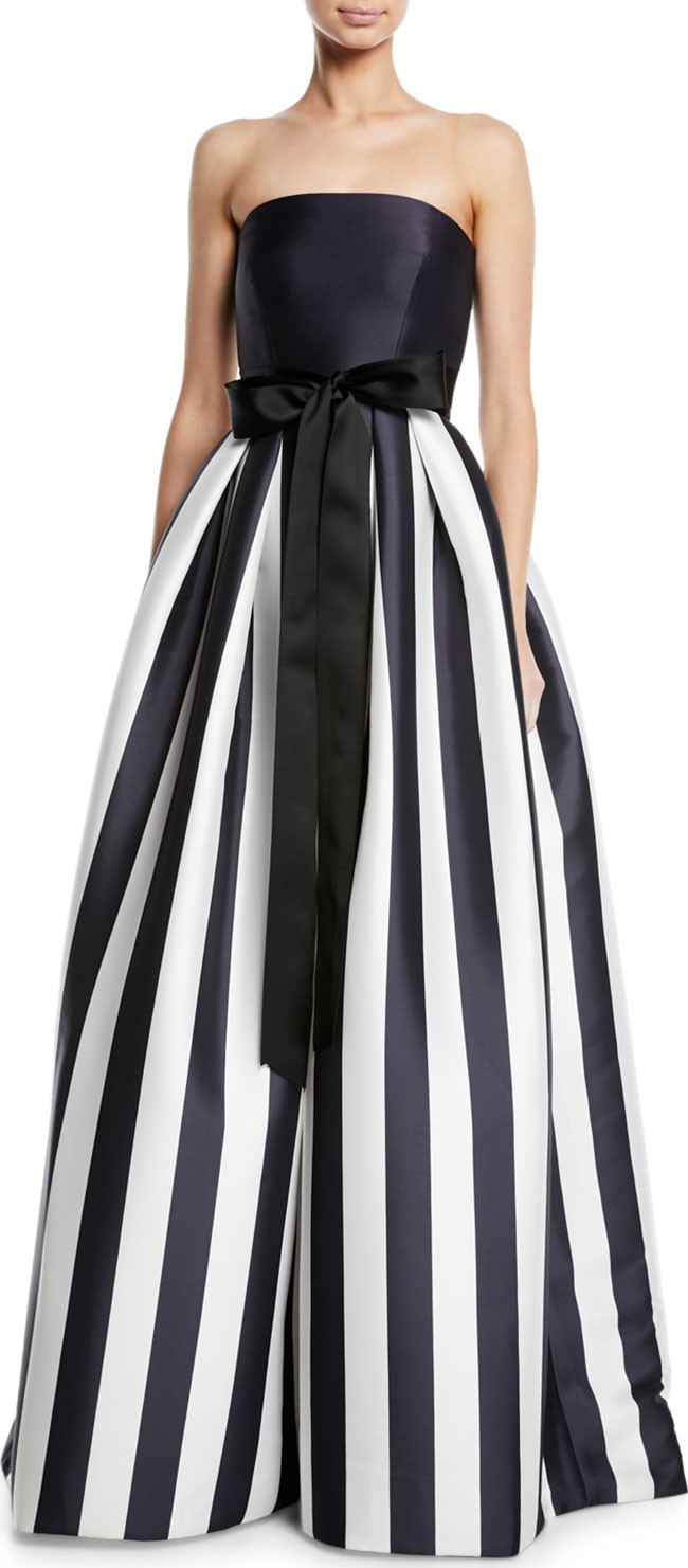 Monique Lhuillier Striped Mikado Bow-Waist Strapless Ball Gown with Full Skirt