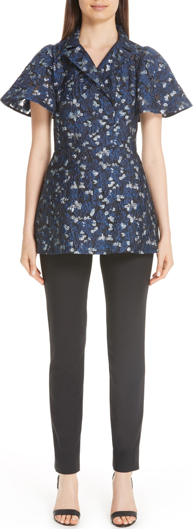 Lela Rose Metallic Floral Fil Coupé Flutter Sleeve Blouse