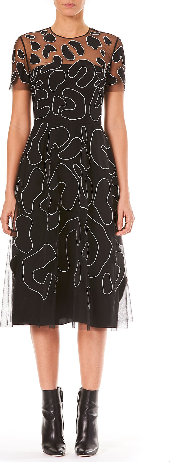 Carolina Herrera Jewel-Neck Short-Sleeve Leopard-Embroidered Cocktail Dress