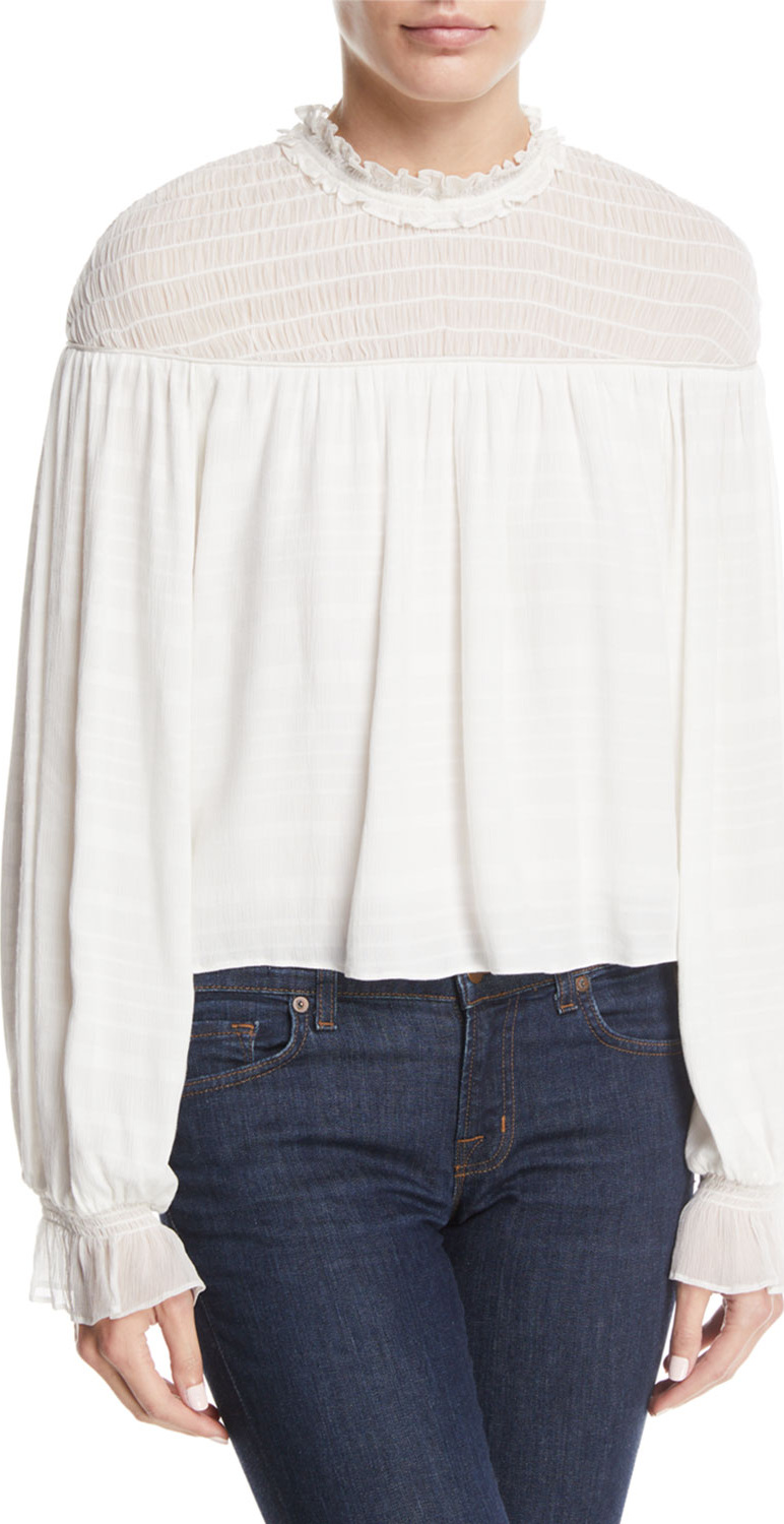 Ramy Brook Josephine Smocked Tonal-Stripe Ruffle Top Ramy Brook Josephine Smocked Tonal-Stripe Ruffle Top