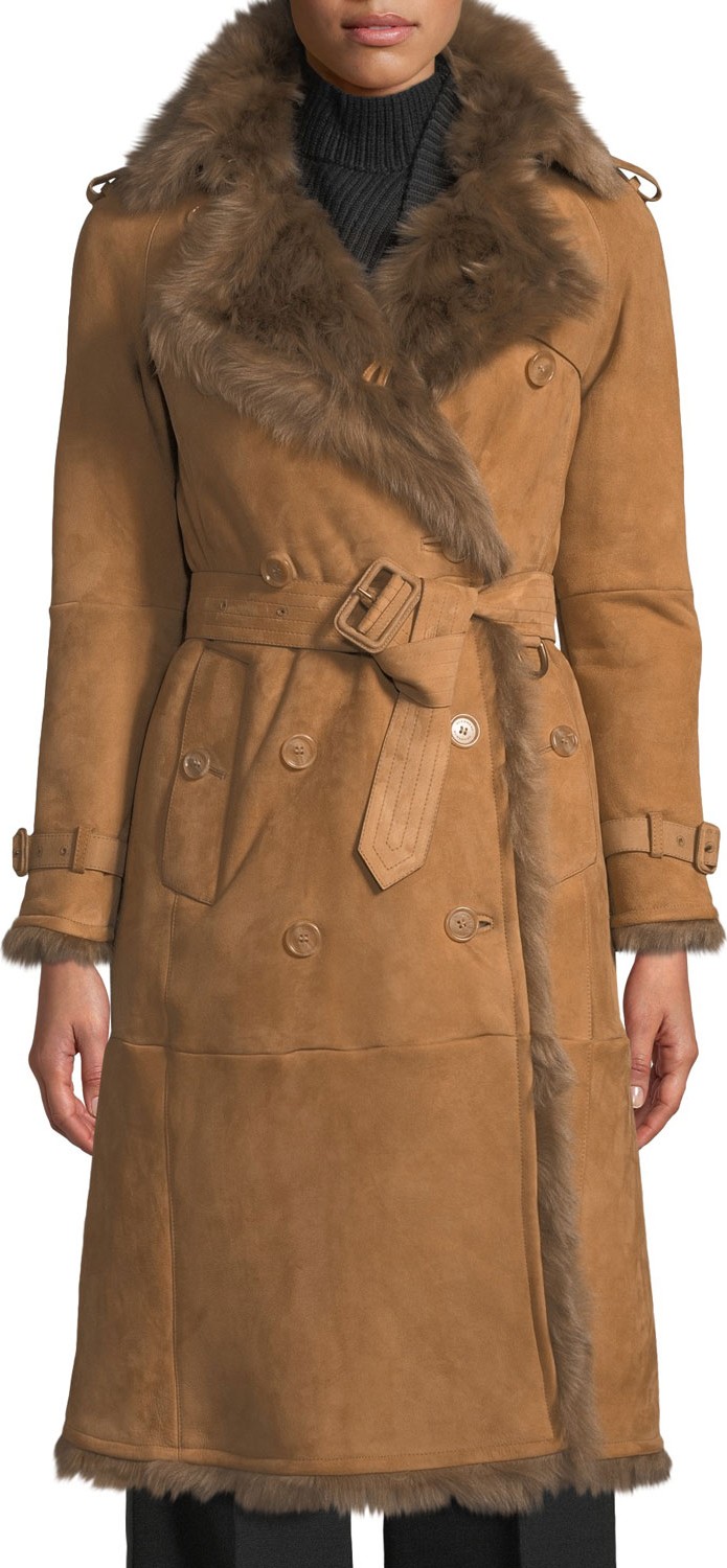 Burberry London England Eastheath Shearling-Trim Suede Trench Coat