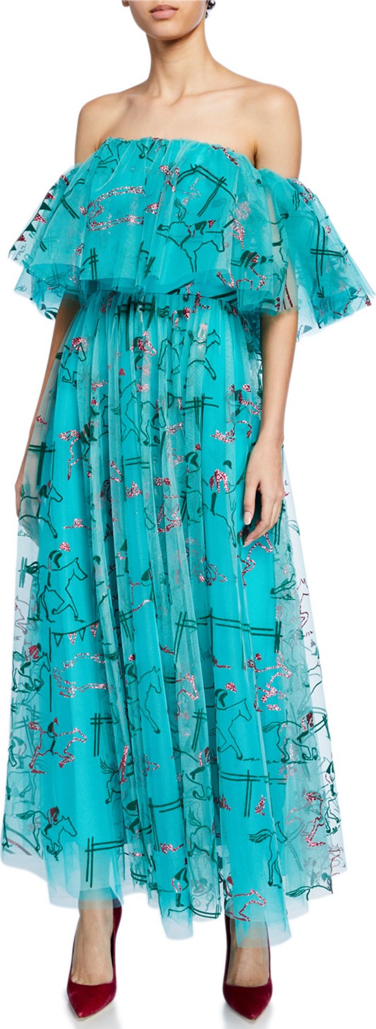 Carolina Herrera Off-the-Shoulder Equestrian-Print Long Cocktail Dress