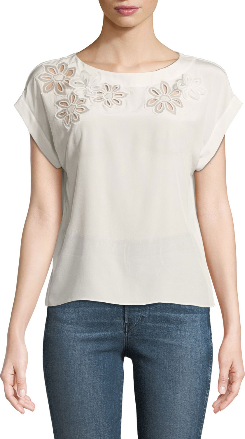 Rebecca Taylor Silk Floral Cutout Short-Sleeve Blouse