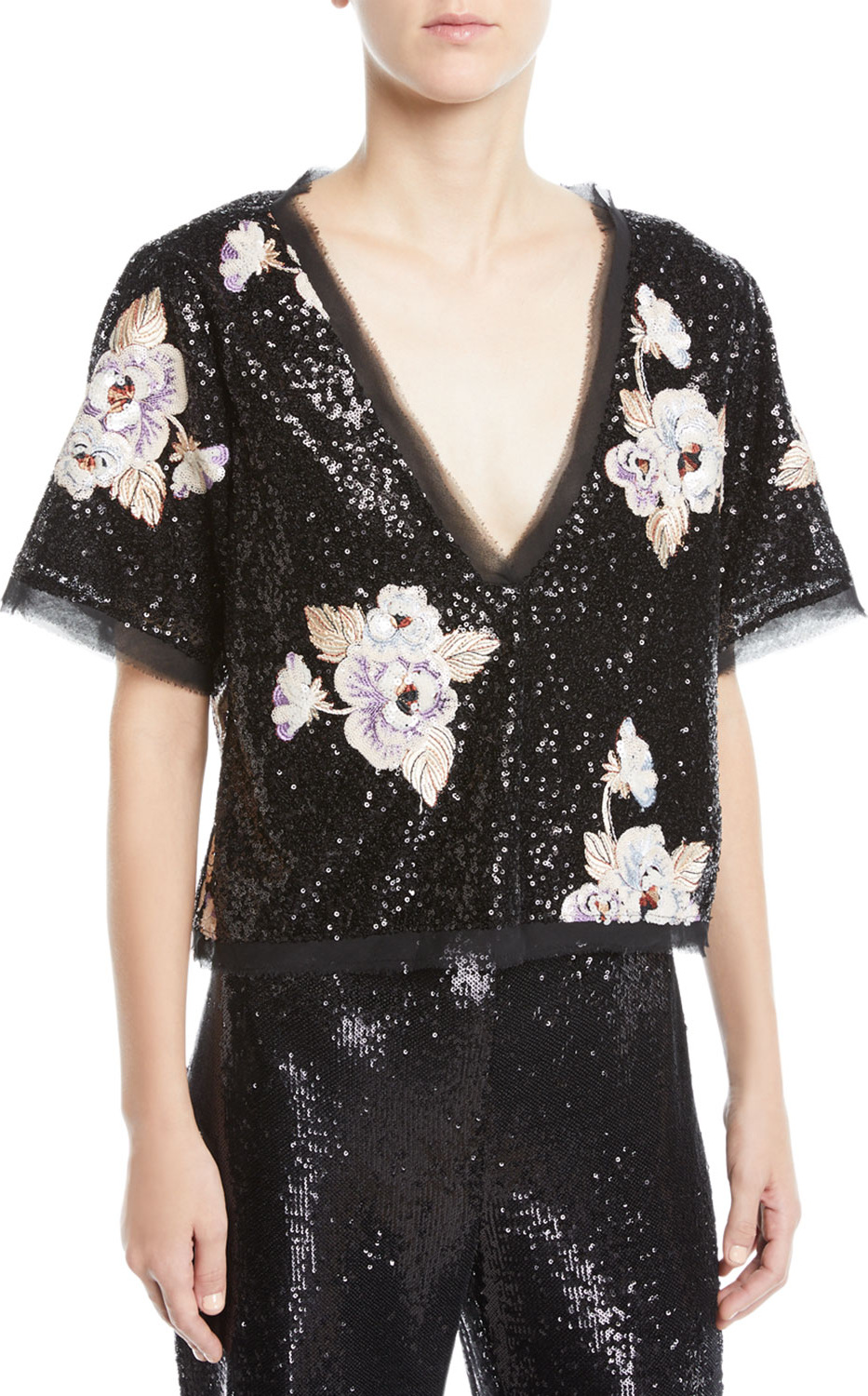 Nanette Lepore Sequin Daffodil Flower Top