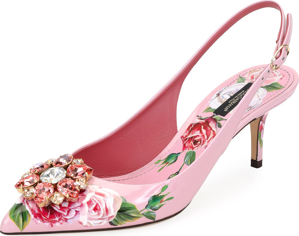 Dolce & Gabbana Jeweled Floral-Print Patent Leather Slingback Pump
