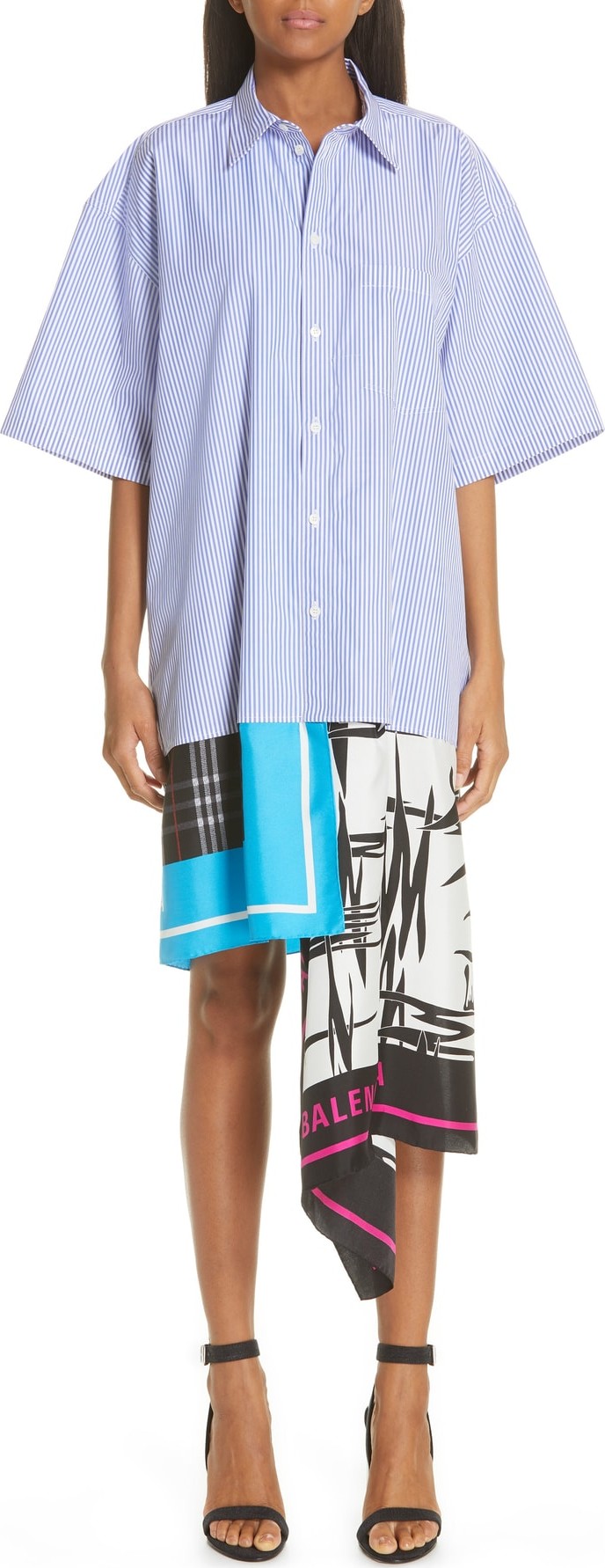 Balenciaga Scarf Hem Stripe Poplin Shirtdress