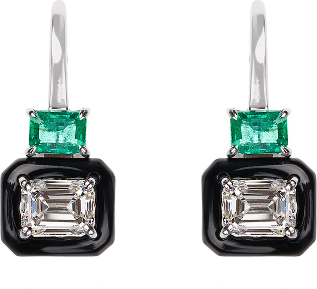 Nikos Koulis Oui 18k White Gold Black Enamel  Emerald & Emerald-Cut Diamond Earrings