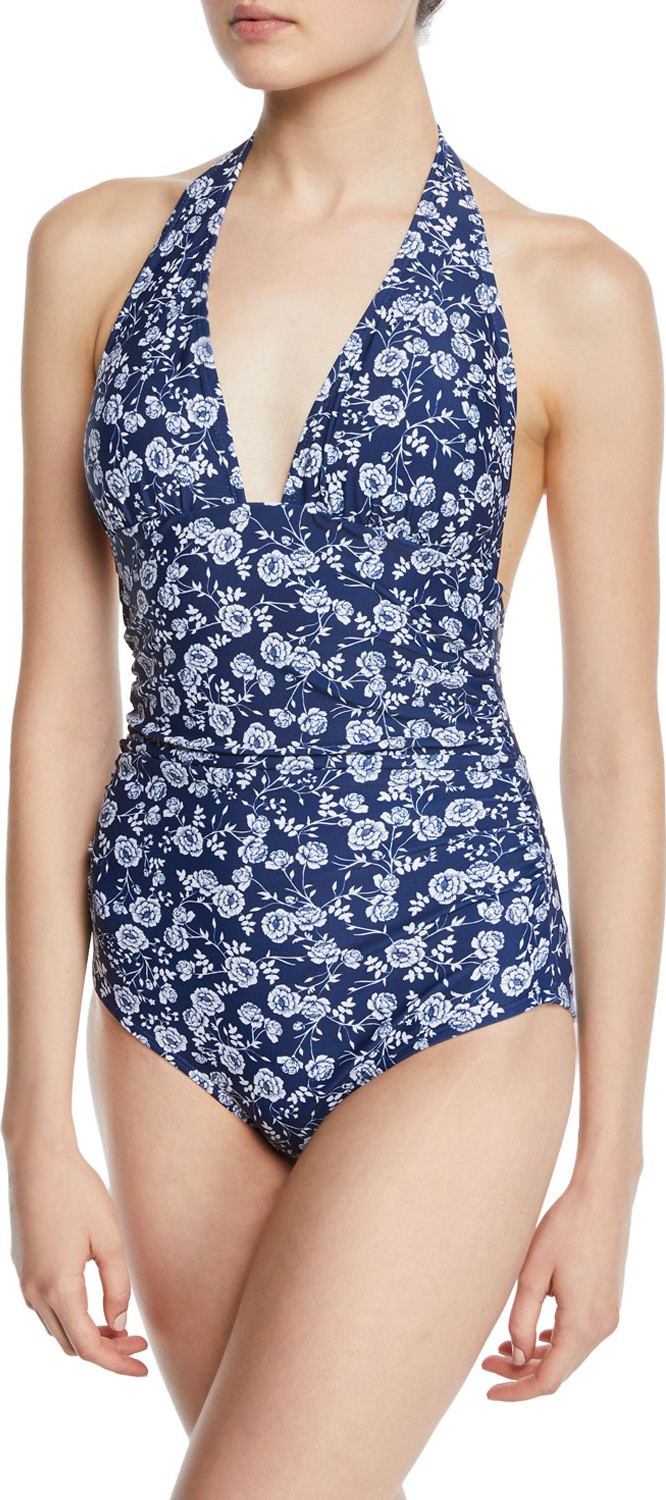 Shoshanna Rose Garden Ruched Halter One-Piece Swimsuit