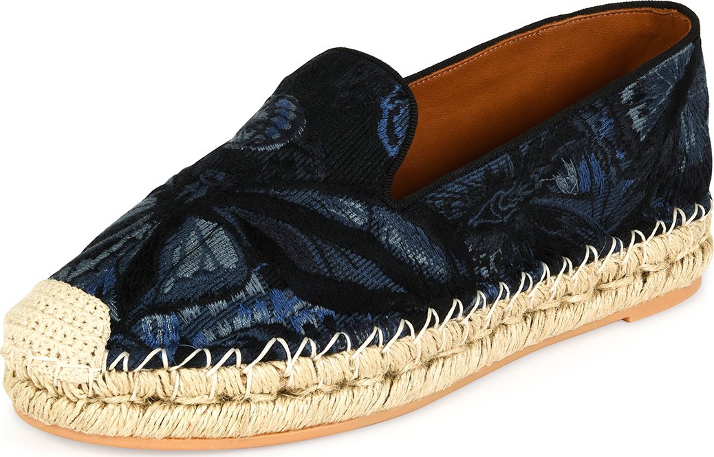 Valentino Butterfly-Print Fabric Espadrille, Night Blue/Black